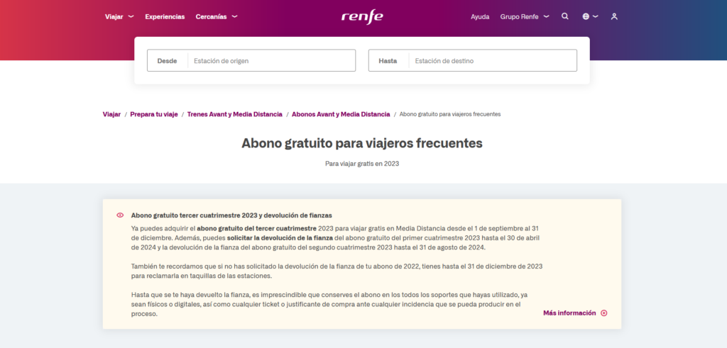 Captura de pantalla de la web de Renfe, en la que se especifican las condiciones del Abono gratuito para viajeros frecuentes en 2023.