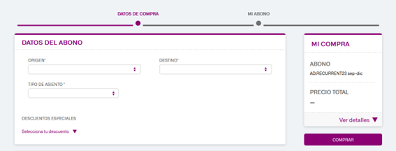 Captura de pantalla del formulario de la web de Renfe desde el que se obtiene el abono recurrente. Fuente: Captura propia.