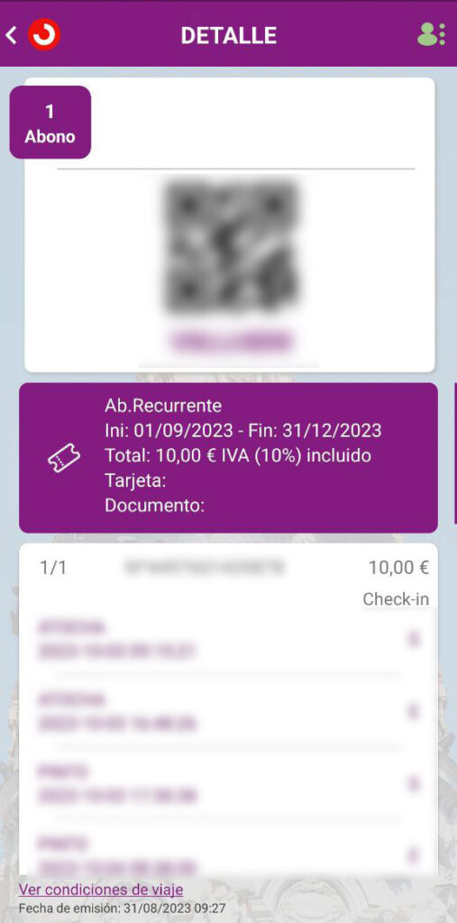 Figura 5. Captura de pantalla de la aplicación de Renfe Cercanías que muestra un ejemplo de abono con QR. Fuente: Captura propia
