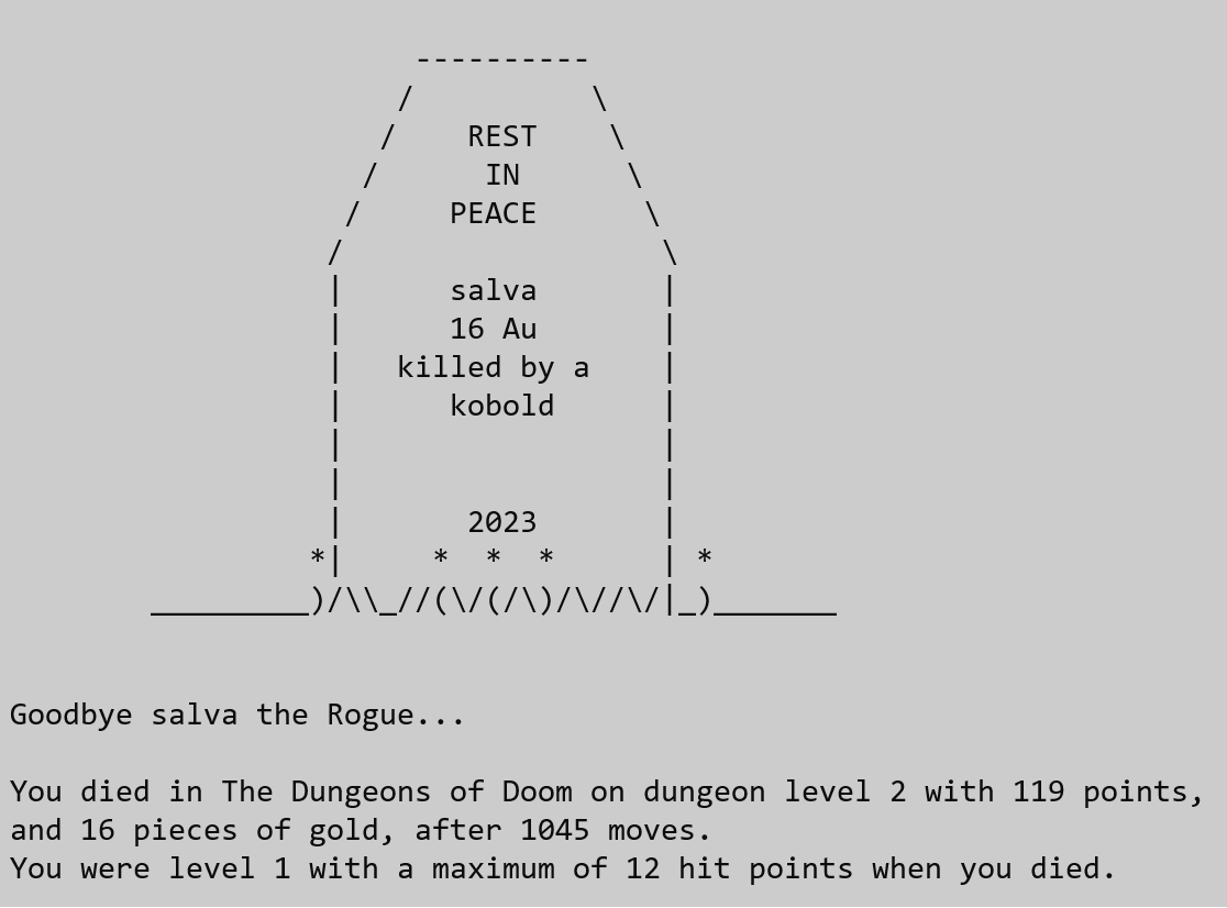 The game over screen in NetHack